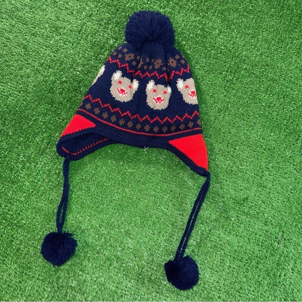 Kids Fashion Headwear‎ Navy Blue Red Knit Hat w/ Pom Poms